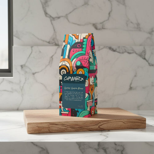 colorful bag of helping hands blend coffee on wooden platform