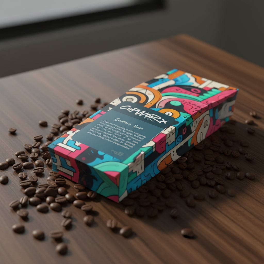 colorful colombian coffee bag laying on table
